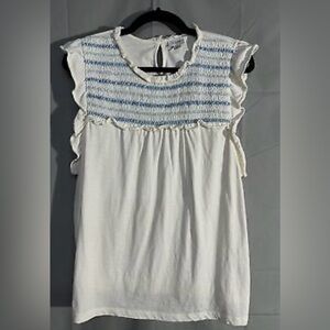 J. Crew Top Womens Large Cream Blue Ruffle Smocked Coastal Boho Cottage Cotton